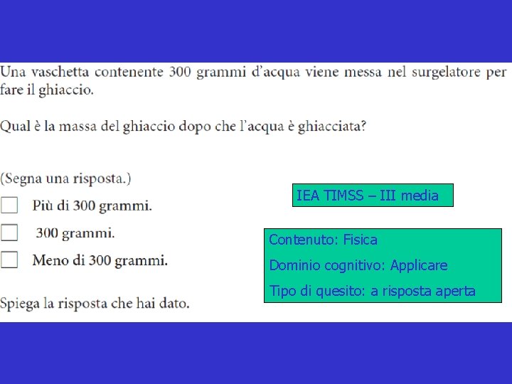 IEA TIMSS – III media Contenuto: Fisica Dominio cognitivo: Applicare Tipo di quesito: a