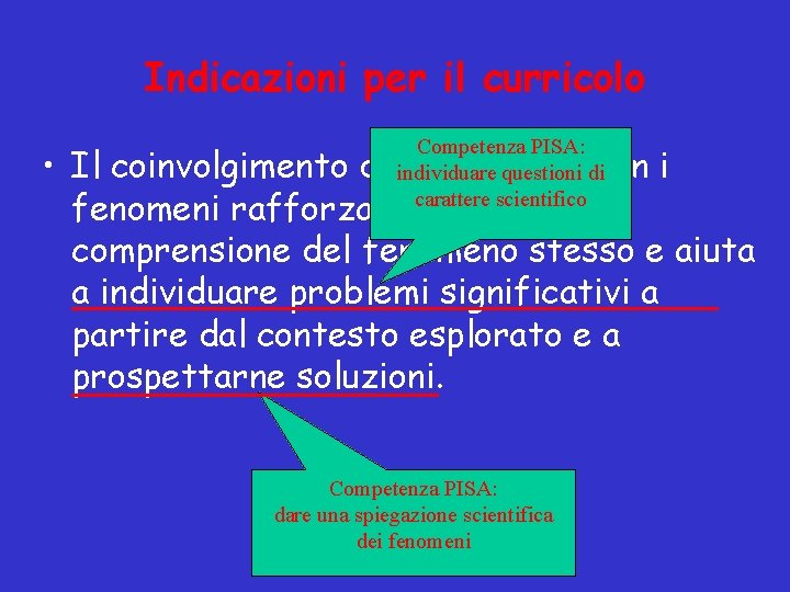 Indicazioni per il curricolo Competenza PISA: individuare questioni di carattere scientifico • Il coinvolgimento