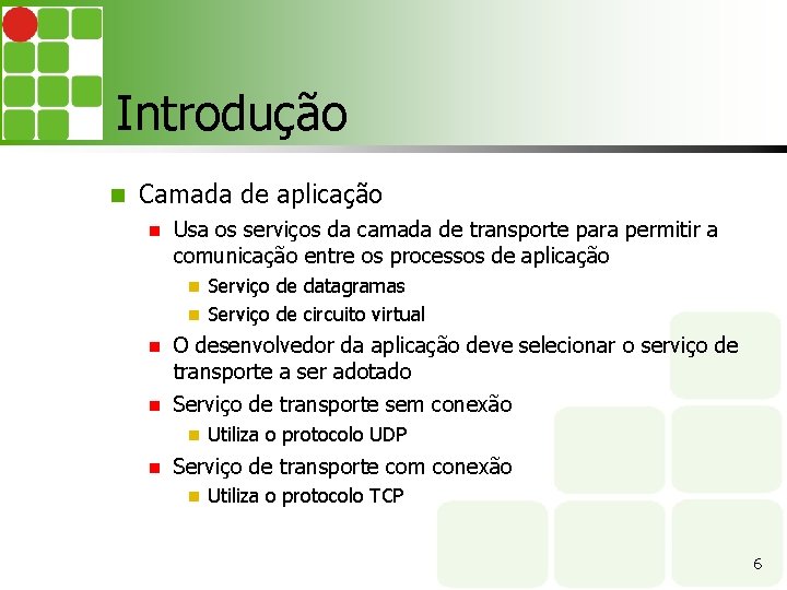 Introdução Camada de aplicação Usa os serviços da camada de transporte para permitir a