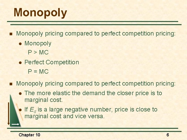 Monopoly n n Monopoly pricing compared to perfect competition pricing: l Monopoly P >