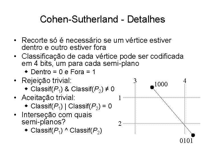 Cohen-Sutherland - Detalhes • Recorte só é necessário se um vértice estiver dentro e