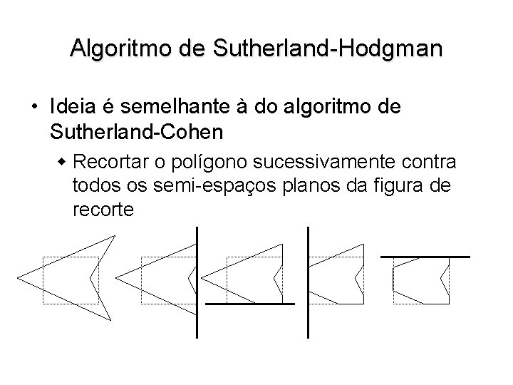 Algoritmo de Sutherland-Hodgman • Ideia é semelhante à do algoritmo de Sutherland-Cohen w Recortar