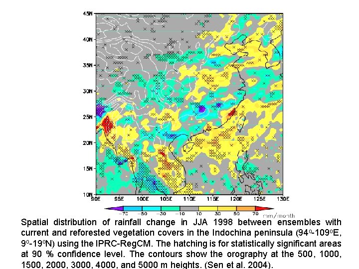 Spatial distribution of rainfall change in JJA 1998 between ensembles with current and reforested