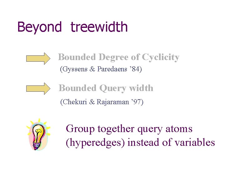 Beyond treewidth Bounded Degree of Cyclicity (Gyssens & Paredaens ’ 84) Bounded Query width
