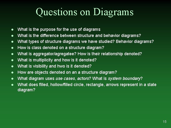 Questions on Diagrams l l l l l What is the purpose for the