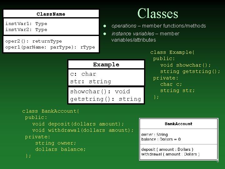 Classes Class. Name inst. Var 1: Type inst. Var 2: Type l l oper