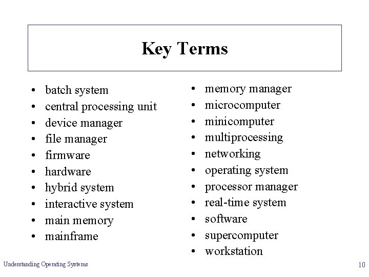 Key Terms • • • batch system central processing unit device manager file manager