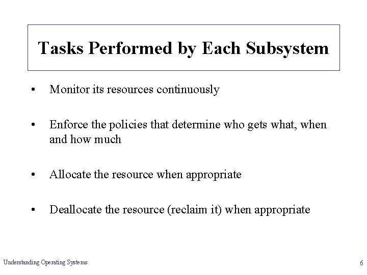 Tasks Performed by Each Subsystem • Monitor its resources continuously • Enforce the policies