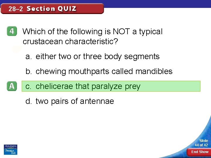 28– 2 Which of the following is NOT a typical crustacean characteristic? a. either