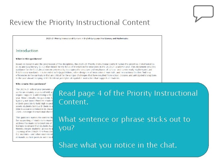 Review the Priority Instructional Content Read page 4 of the Priority Instructional Content. What