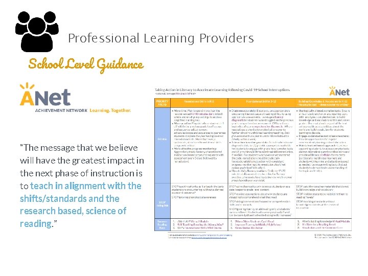 Professional Learning Providers School Level Guidance “The message that we believe will have the