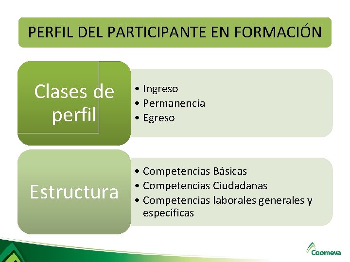PERFIL DEL PARTICIPANTE EN FORMACIÓN Clases de perfil Estructura • Ingreso • Permanencia • PERFIL DEL PARTICIPANTE EN FORMACIÓN Clases de perfil Estructura • Ingreso • Permanencia •
