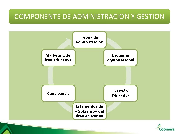 COMPONENTE DE ADMINISTRACION Y GESTION Teoría de Administración Marketing del área educativa. Esquema organizacional COMPONENTE DE ADMINISTRACION Y GESTION Teoría de Administración Marketing del área educativa. Esquema organizacional