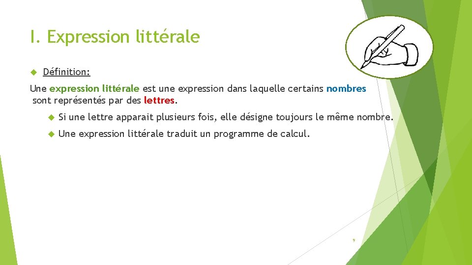 I. Expression littérale Définition: Une expression littérale est une expression dans laquelle certains nombres