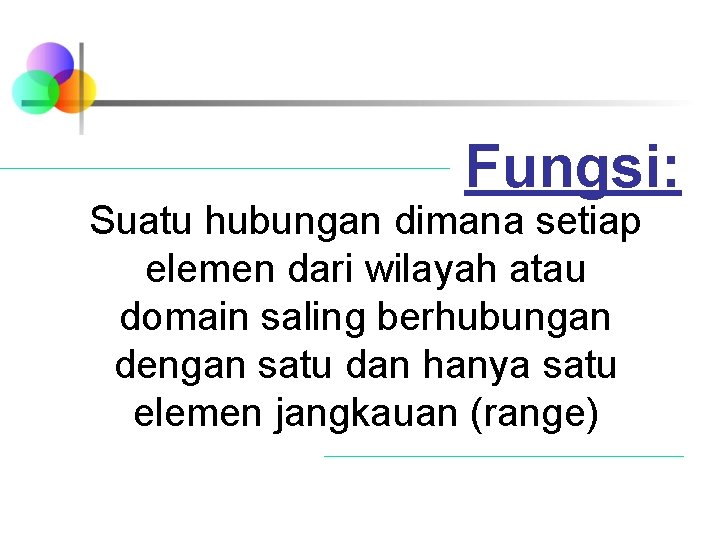 Fungsi: Suatu hubungan dimana setiap elemen dari wilayah atau domain saling berhubungan dengan satu