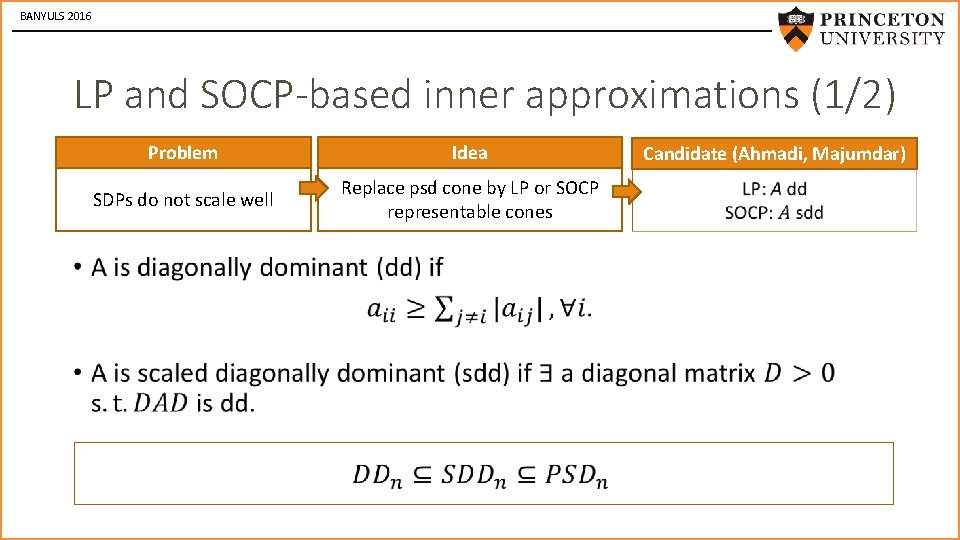 BANYULS 2016 LP and SOCP-based inner approximations (1/2) Problem Idea SDPs do not scale