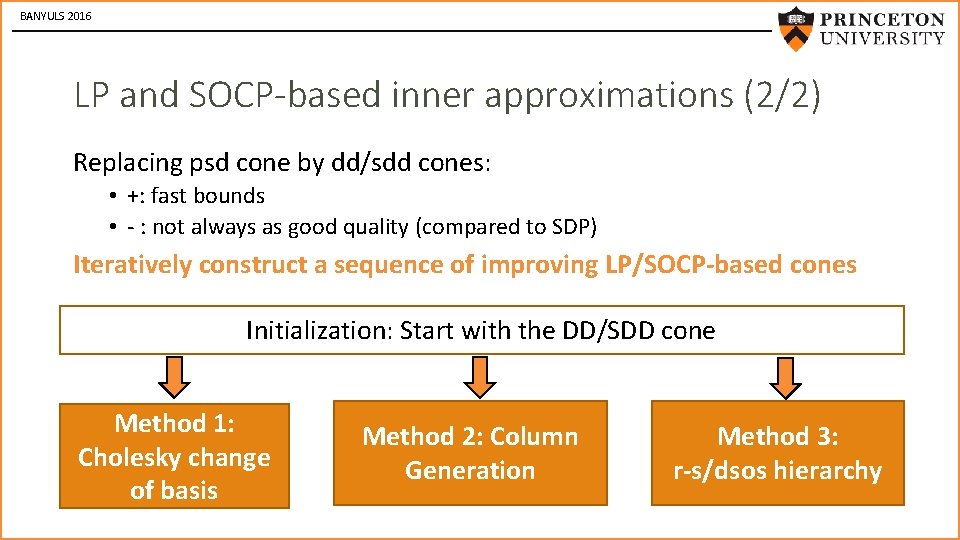 BANYULS 2016 LP and SOCP-based inner approximations (2/2) Replacing psd cone by dd/sdd cones: