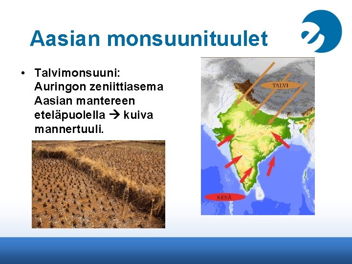 Aasian monsuunituulet • Talvimonsuuni: Auringon zeniittiasema Aasian mantereen eteläpuolella kuiva mannertuuli. 