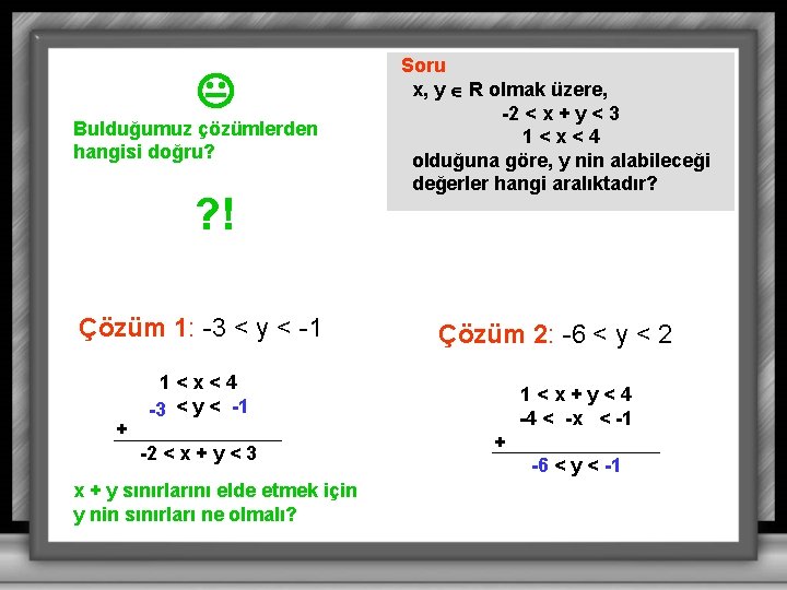  Bulduğumuz çözümlerden hangisi doğru? ? ! Çözüm 1: -3 < y < -1