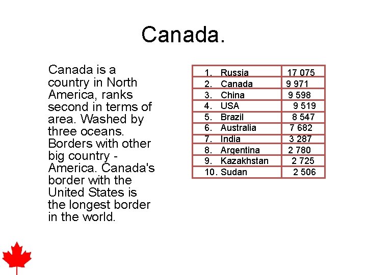 Canada is a country in North America, ranks second in terms of area. Washed
