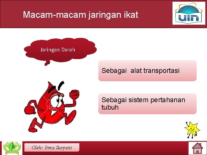 Macam-macam jaringan ikat Jaringan Darah Sebagai alat transportasi Sebagai sistem pertahanan tubuh Oleh: Irma