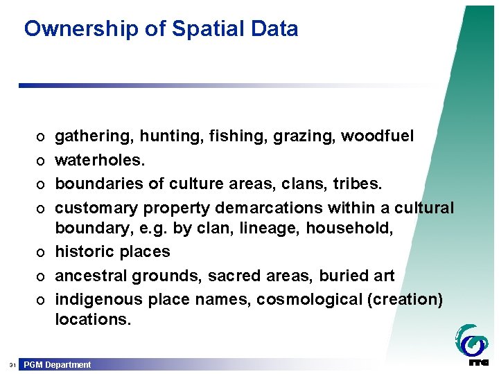 Ownership of Spatial Data o gathering, hunting, fishing, grazing, woodfuel o waterholes. o boundaries