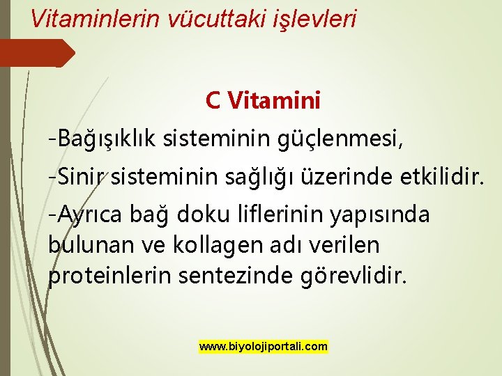 Vitaminlerin vücuttaki işlevleri C Vitamini -Bağışıklık sisteminin güçlenmesi, -Sinir sisteminin sağlığı üzerinde etkilidir. -Ayrıca