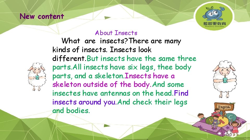 New content About Insects What are insects? There are many kinds of insects. Insects