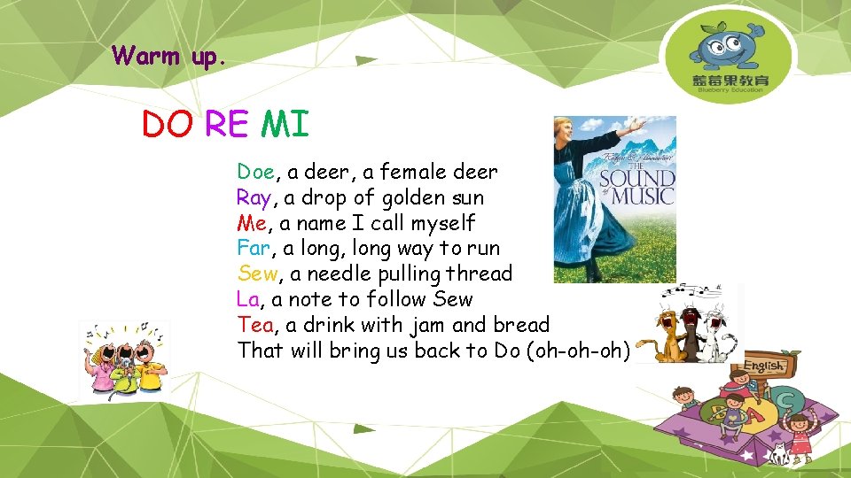 Warm up. DO RE MI Doe, a deer, a female deer Ray, a drop