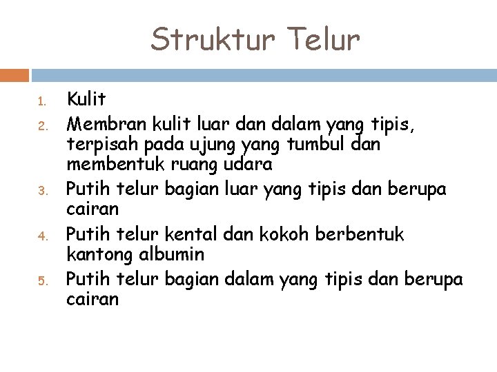 Struktur Telur 1. 2. 3. 4. 5. Kulit Membran kulit luar dan dalam yang