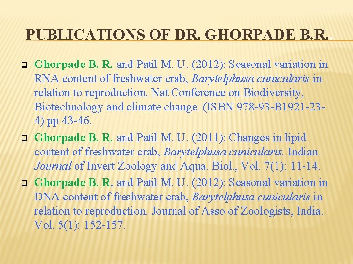 PUBLICATIONS OF DR. GHORPADE B. R. . q q q Ghorpade B. R. and