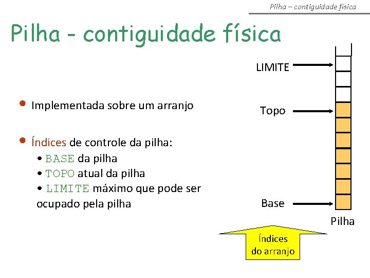 Pilha – contiguidade física Pilha - contiguidade física LIMITE • Implementada sobre um arranjo