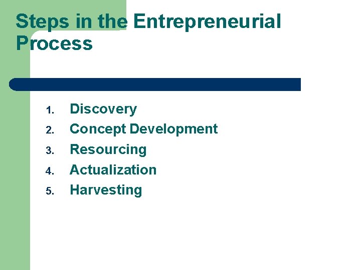 Steps in the Entrepreneurial Process 1. 2. 3. 4. 5. Discovery Concept Development Resourcing
