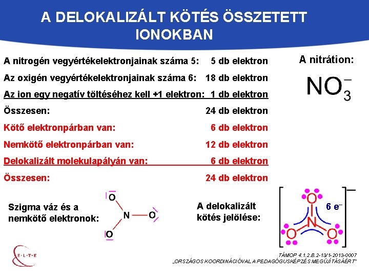 A DELOKALIZÁLT KÖTÉS ÖSSZETETT IONOKBAN A nitrogén vegyértékelektronjainak száma 5: 5 db elektron Az