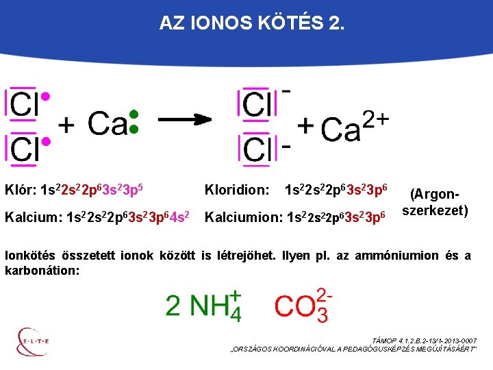 AZ IONOS KÖTÉS 2. Klór: 1 s 22 p 63 s 23 p 5