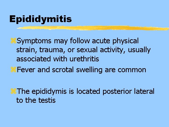 Epididymitis z. Symptoms may follow acute physical strain, trauma, or sexual activity, usually associated