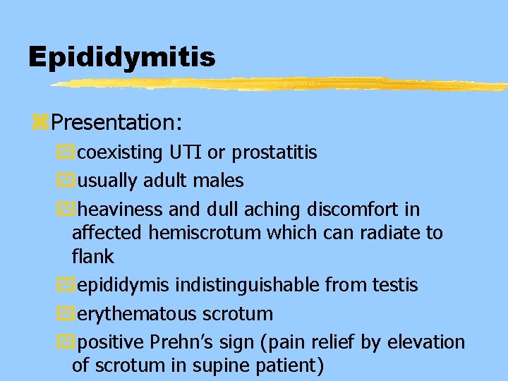 Epididymitis z. Presentation: ycoexisting UTI or prostatitis yusually adult males yheaviness and dull aching