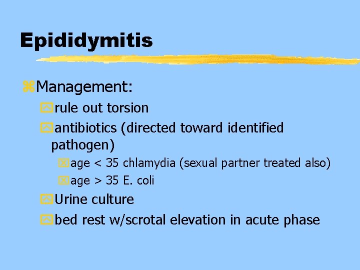 Epididymitis z. Management: yrule out torsion yantibiotics (directed toward identified pathogen) xage < 35