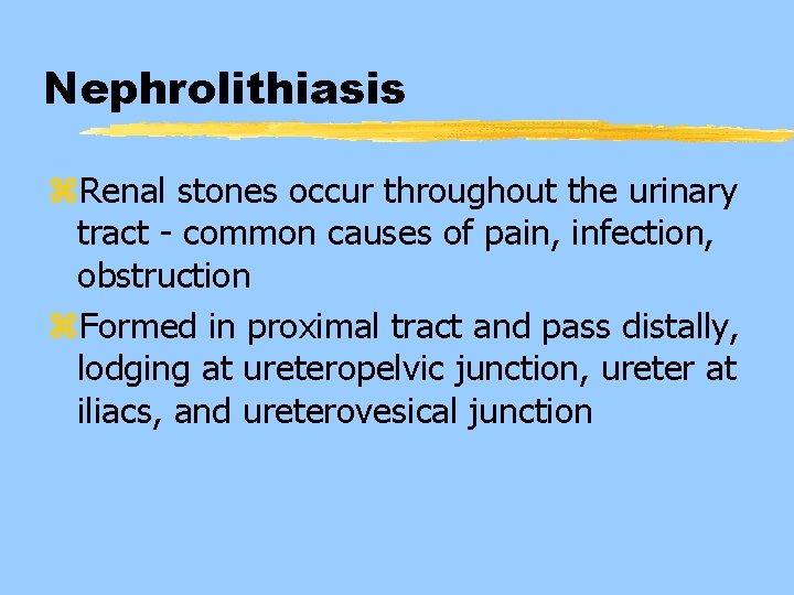 Nephrolithiasis z. Renal stones occur throughout the urinary tract - common causes of pain,