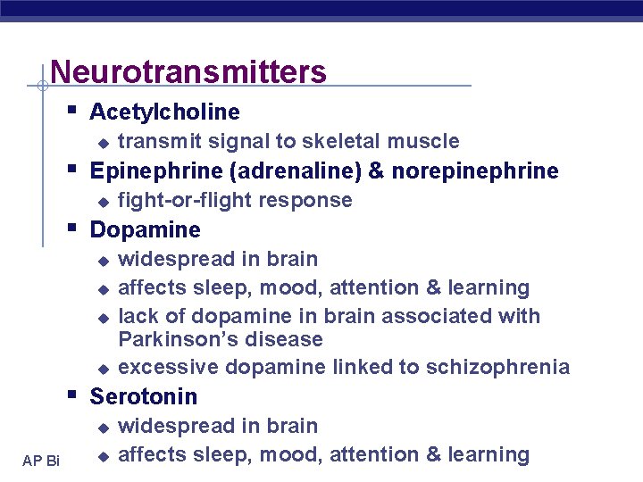 Neurotransmitters § Acetylcholine u transmit signal to skeletal muscle § Epinephrine (adrenaline) & norepinephrine