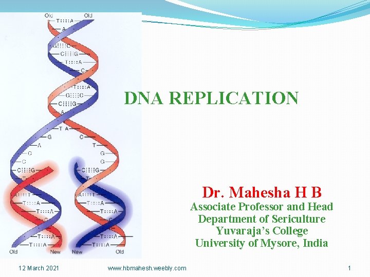 DNA REPLICATION Dr. Mahesha H B Associate Professor and Head Department of Sericulture Yuvaraja’s