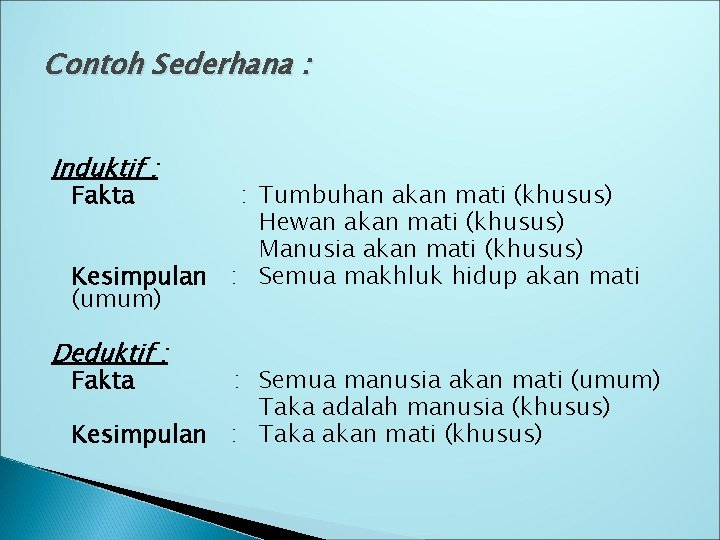 Contoh Sederhana : Induktif : Fakta : Tumbuhan akan mati (khusus) Hewan akan mati