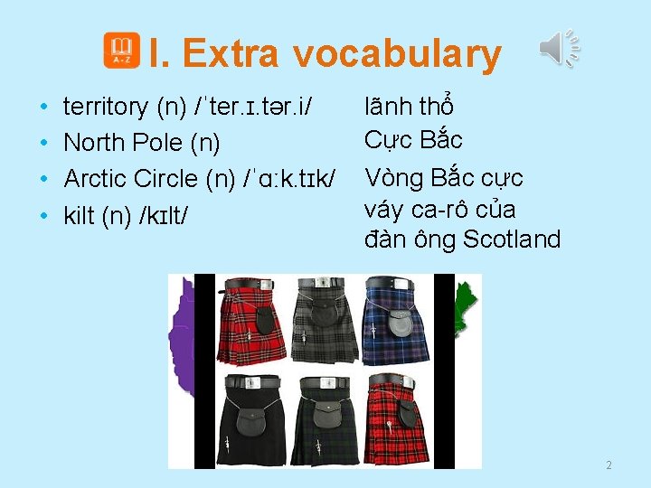 I. Extra vocabulary • • territory (n) /ˈter. ɪ. tər. i/ North Pole (n)