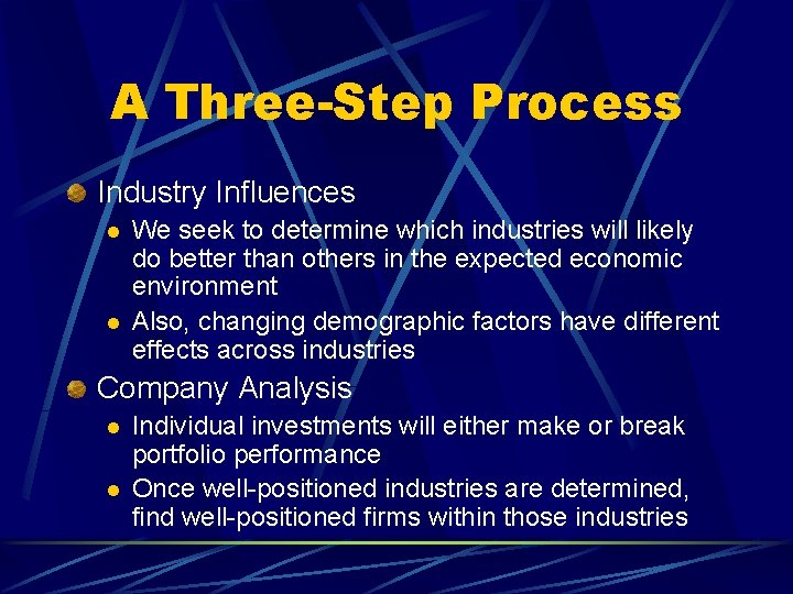A Three-Step Process Industry Influences l l We seek to determine which industries will