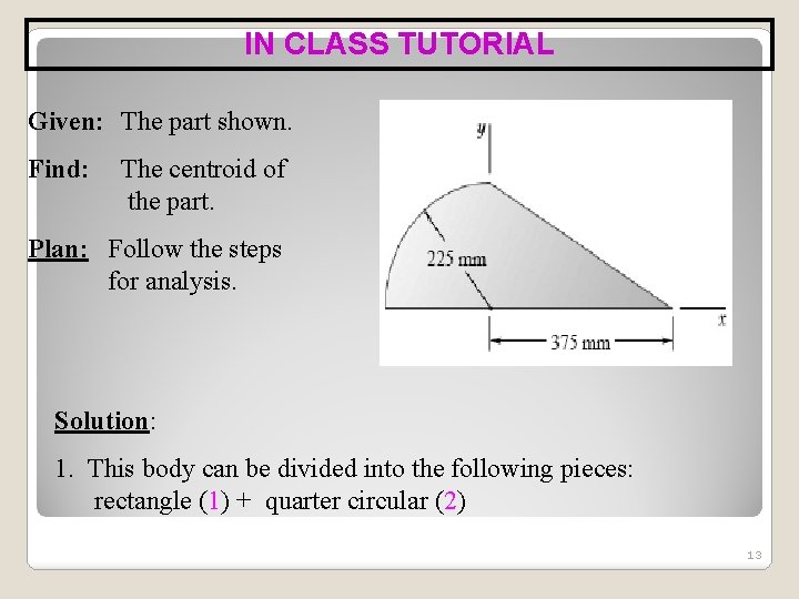 IN CLASS TUTORIAL Given: The part shown. Find: The centroid of the part. Plan: