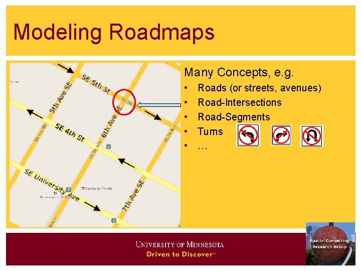 Modeling Roadmaps Many Concepts, e. g. • • • Roads (or streets, avenues) Road-Intersections Modeling Roadmaps Many Concepts, e. g. • • • Roads (or streets, avenues) Road-Intersections