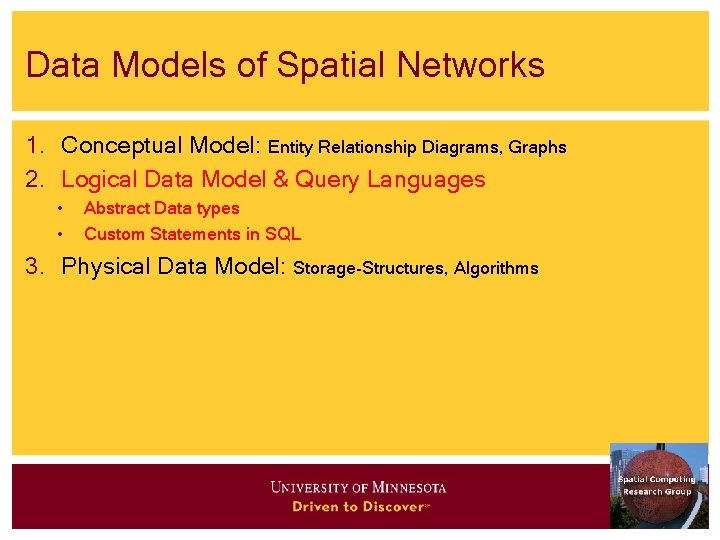 Data Models of Spatial Networks 1. Conceptual Model: Entity Relationship Diagrams, Graphs 2. Logical Data Models of Spatial Networks 1. Conceptual Model: Entity Relationship Diagrams, Graphs 2. Logical