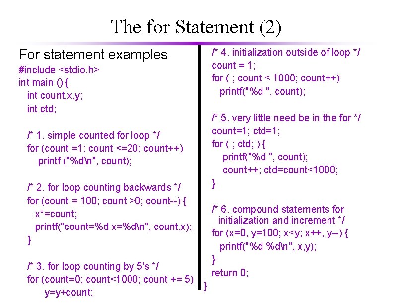 The for Statement (2) For statement examples #include <stdio. h> int main () {