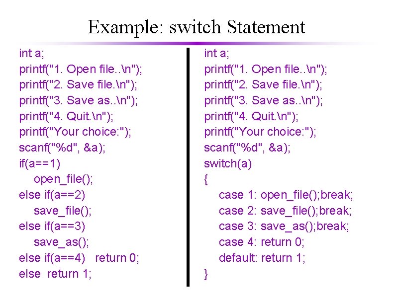 Example: switch Statement int a; printf("1. Open file. . n"); printf("2. Save file. n");