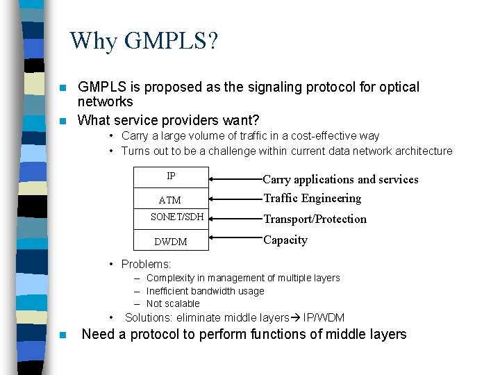 Why GMPLS? GMPLS is proposed as the signaling protocol for optical networks n What